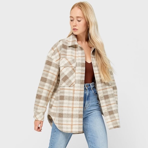 Free People Jackets & Blazers - Carmel tann beige Checked knit over shirt shacket jacket small